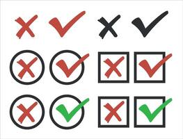 Tick and cross signs. False and true, right and wrong. Correct and incorrect, accept and reject. Green tick OK and red X cross. YES and NO. isolated on white. Digital content vector