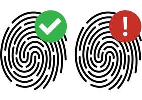 Fingerprint icon and tick. Verification passed. Fingerprints do not match. Digital security authentication. ID application icon. Security system. Information security. vector