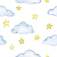 watercolor seamless pattern with cute clouds and stars. simple baby print vector