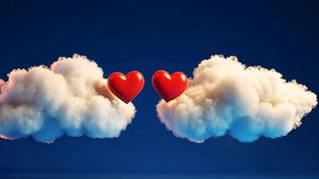 Two white fluffy clouds floating in the air, each holding one red heart shape on a blue background. video