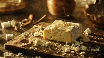 A cheese block with crumbles and scattered cheese cubes on a dark wood board. video