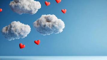 White fluffy clouds floating in the air, with red hearts which flying against a blue background. video