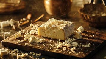A cheese block with crumbles and scattered cheese cubes on a dark wood board. video