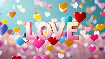 3D colorful heart-shaped text LOVE floating in the air on a colorful confetti background. video
