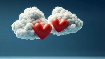 Two white fluffy clouds floating in the air, each holding one red heart shape on a blue background. video