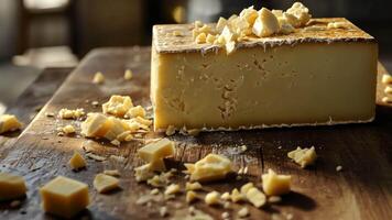 A cheese block with crumbles and scattered cheese cubes on a dark wood board. video