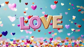 3D colorful heart-shaped text LOVE floating in the air on a colorful confetti background. video