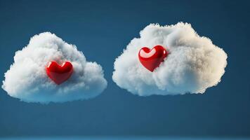Two white fluffy clouds floating in the air, each holding one red heart shape on a blue background. video