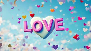 3D colorful heart-shaped text LOVE floating in the air on a colorful confetti background. video