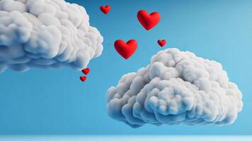 White fluffy clouds floating in the air, with red hearts which flying against a blue background. video