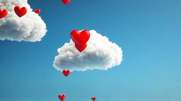 White fluffy clouds floating in the air, with red hearts which flying against a blue background. video