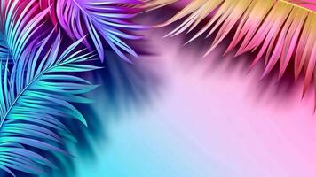Dreamy, vibrant animated background with holographic tropical palm leaves. Copy space for text. Color gradient, y2k style, 2000s. Iridescent surface video