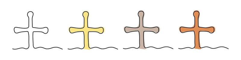 Set of crosses in Continuous one line drawing style isolated on white background. Includes black outline and colored versions. Line Art. Concept of religion, Easter, Christian symbol, spirituality vector