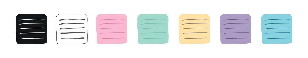 Set of minimalist square sticky notes with horizontal lines isolated on white background. Colored, black outline, and silhouette illustrations. Concept of school supplies, note-taking, stationery vector
