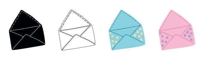 Set of Hand-Drawn Envelopes in Various Styles and Colors, Black Silhouette, Outline, Colored. Isolated on white background. Concept of Stationery, Paper Craft, Cute Design Elements, Invitation. Print vector