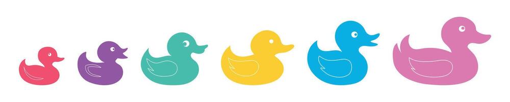 Set of Colorful rubber ducks and ducklings in a row isolated on a white background. Concept of cute toy animals, playful collection, bright colors, fun bath time, duck family. Design element vector