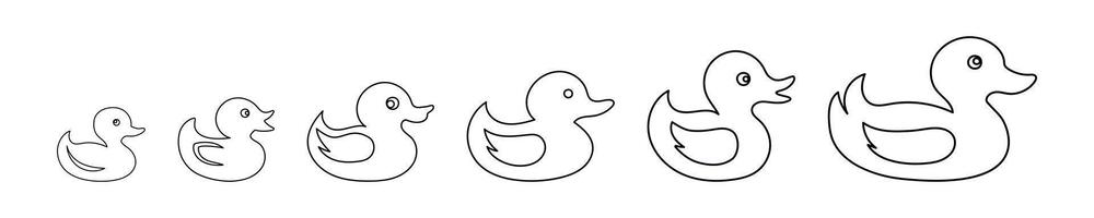 Set of Black outline illustration of six rubber ducks and ducklings in a row isolated on a white background. Concept of children's toys, bath time fun, simple design elements, cute animal icons vector