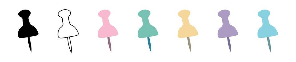 Set of Pushpins Isolated on White Background. Black Silhouette, Outline, Colored versions. Concept of Office Supplies, Minimalist Design, Stationery, Simple Icon, thumbtack. Print. Design elements vector