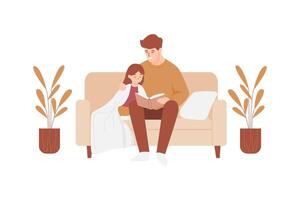 father and daughter reading book on sofa vector