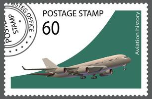 Postage stamp with an airplane taking off. . vector