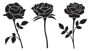 Hand-drawn style decorative rose for wedding invitation design, page decor isolated on white. Flowers icon set. Black rosebud flowers leaves bouquet. Set of three black rose flowers silhouettes vector