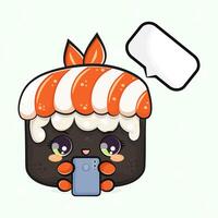 Sushi with a smartphone in hand. hand drawn cartoon kawaii character illustration icon. Isolated on light green background. Sushi character concept vector