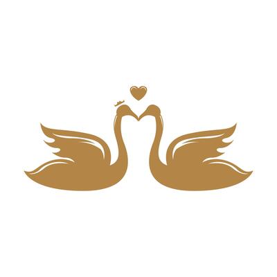 Two stylized swans facing each other, forming a heart shape with their necks, symbolizing love and unity.