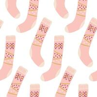 Pink Winter Socks Pattern with Heart and Snowflake Designs on White Background vector