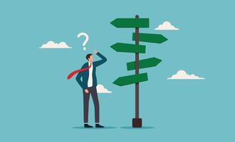 Business decision making. Confused businessman at crossroads, pondering multiple directional signs. Suitable for business decisions, choices, uncertainty, and career guidance concepts vector