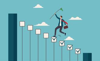 Progression from start to success. Businessman jump over checkmarked steps, symbolizing goal achievement. Suitable for business concepts, career advancement, success, goal setting, motivation icons vector
