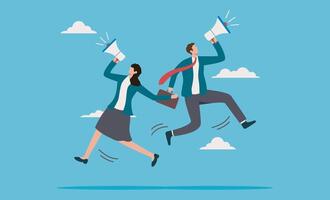 Communicate message. announce job vacancy for recruitment. shout out promotions or company communications. Two business people jump and hold megaphones and briefcase vector