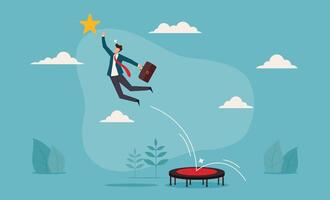 Businessman jumping on trampoline to success, briefcase in hand. Suitable for business, motivation, success, achievement concepts in marketing materials vector