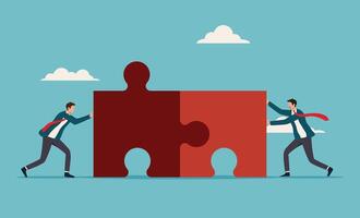 Businessmen connecting puzzle pieces symbolizing teamwork, perfect for illustrating collaboration, problem solving, partnership, and business strategy concepts in presentations and designs vector