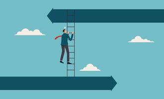Decision to change to better opportunity. Change business approach. Man climbing ladder between opposite arrows. Suitable for business growth, success, progress concepts in presentations, websites vector
