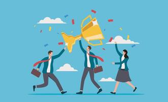 Team achievement in business. teamwork to achieve a goal. Three businesspeople celebrate winning trophy. Suitable for business success, teamwork, and achievement concepts vector
