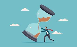 Businessman trying to stop hourglass before it fall. Suitable for time management, urgency, deadlines, business strategies, timesensitive materials vector