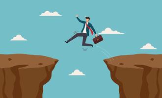 Businessman leaps across cliffs with briefcase. Take risk for opportunity to success. Suitable for business concepts, risk taking, success, determination, achievement, leadership, challenge vector