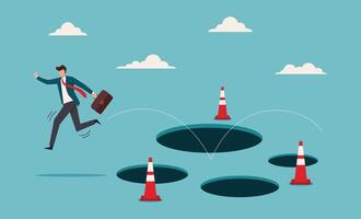 Businessman navigating obstacles with cones marking danger, jumping over holes. Avoid pitfall, adversity and brave to jump pass mistake or business failure, skill and creativity to solve problem vector