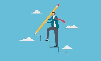 Businessman creating stairway to success with a giant pencil in the sky. Suitable for motivational concepts and business presentations vector