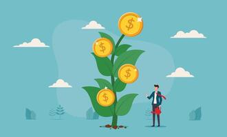 Businessman on trampoline jumps from 2024 to 2025 coins symbolizing increased wealth. Suitable for finance, investment, aspirations, motivation concepts vector