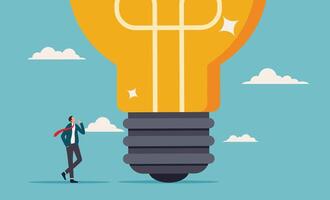 Think big. smart entrepreneur thinking with a big oversized idea light bulb. aspiration to win and success in business, a big idea from creativity and imagination to overcome fear vector