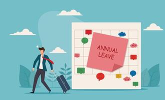 Annual leave, take day off or vacation to rest and relax from hard work. Businessman takes annual leave, holding suitcase, with calendar noting the dates. Ideal for vacation, time off vector