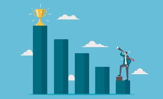 Man leader sees opportunities for success in business. Man climbs steps to gold trophy using a telescope. Suitable for motivation, success, achievement, and aspiration concepts vector