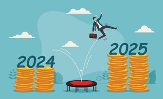 Businessman on trampoline jumps from 2024 to 2025 coins symbolizing increased wealth. Suitable for finance, investment, aspirations, motivation concepts vector