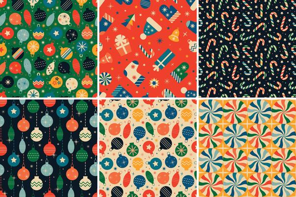 Vintage retro Christmas seamless patterns in the style of the 60s and 70s
