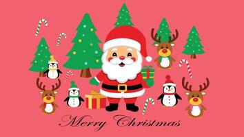Santa Claus with Christmas Friends in a Festive Forest Setting on a Red Background vector