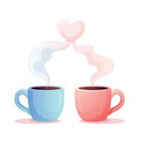 Illustration of Two Cups of Coffee or Hot Chocolate with Heart-Shaped Steam in Cartoon Style on White Background vector