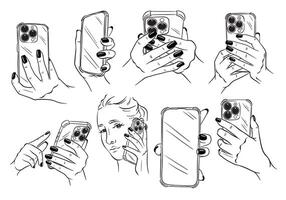 A collection of line art illustrations showing hands holding a smartphone in various positions, ideal for communication and tech themes on a white background. vector