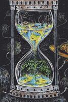 Cycle of life time and nature. This artwork features a cosmic hourglass set against a starry backdrop, symbolizing the delicate balance of time and nature. vector