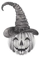 Pumpkin jack with witch Hat. This whimsical artwork combines a classic jack-o'-lantern face with a tall, textured witch's hat, adding a touch of Halloween charm. vector